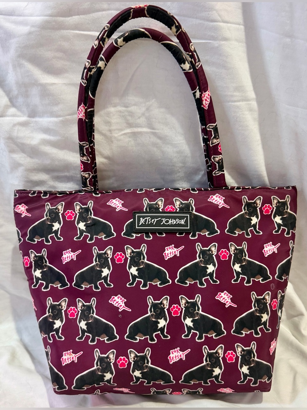Betsey Johnson French Bulldog Insulated Lunch Tote Burgundy Dog Print Bag
